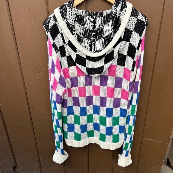 Teddy Fresh Full Zip Knit Hoodie Womens XS/S Checkered Multicolor Oversized - Picture 5 of 15